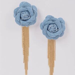 Blue Floral Earrings with Gold Tassels